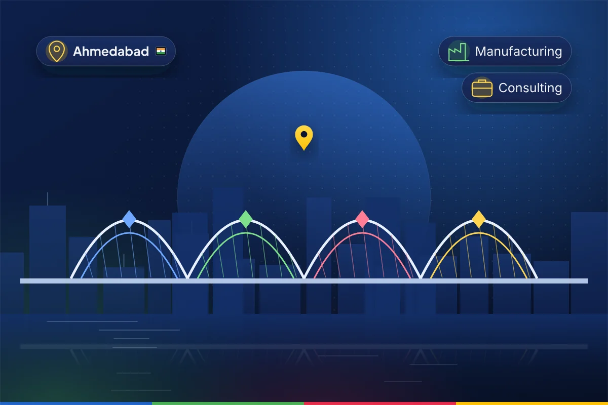 Minimal illustration of the Atal Bridge over the Sabarmati riverfront in Ahmedabad, representing B2B SEO in Ahmedabad