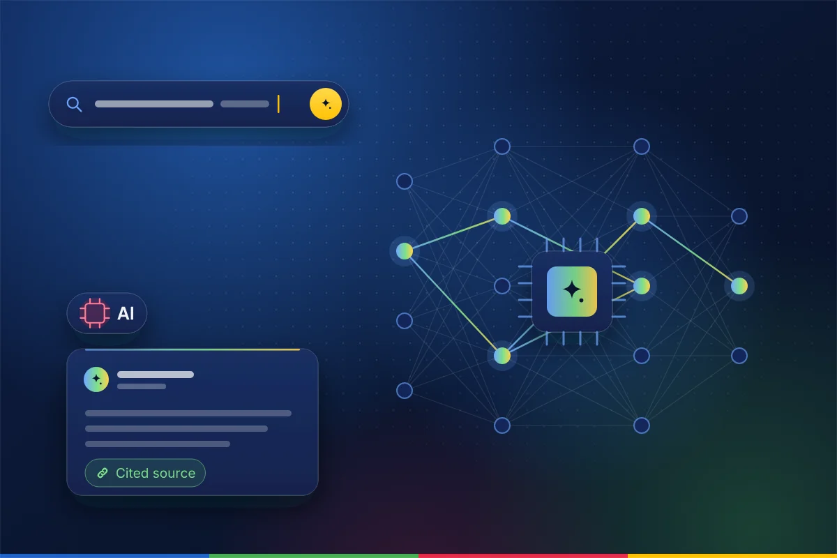 Minimal illustration of a neural node network around an AI chip, with a search bar and an AI answer card with a cited source, representing SEO, AEO and GEO for AI & Deep Tech