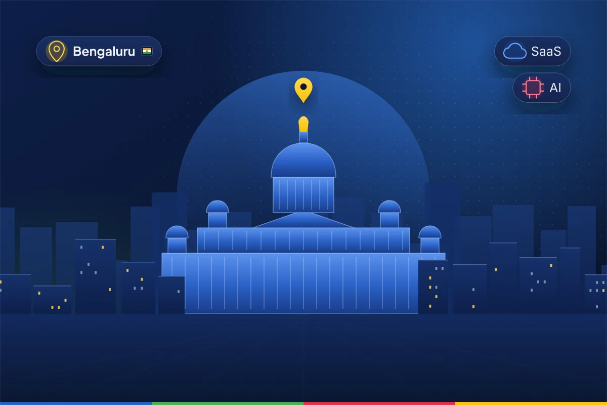 Minimal illustration of the domed Vidhana Soudha in Bengaluru with a modern skyline, representing B2B SEO in Bengaluru