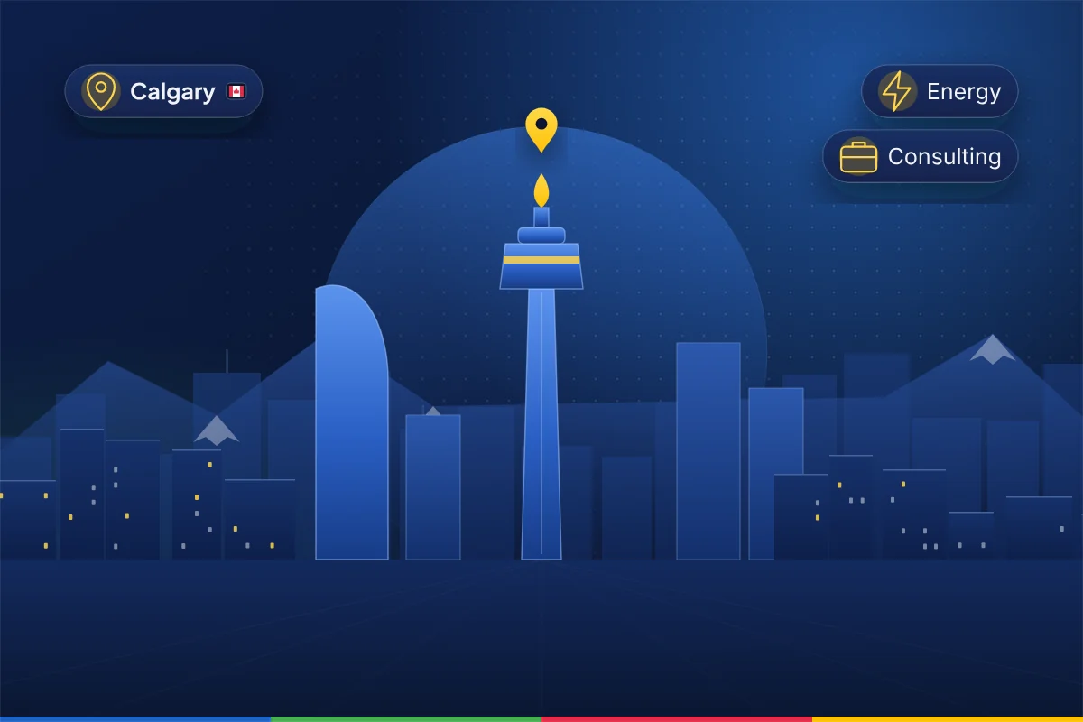 Minimal illustration of the Calgary skyline with the Calgary Tower and the Rockies, representing B2B SEO in Calgary