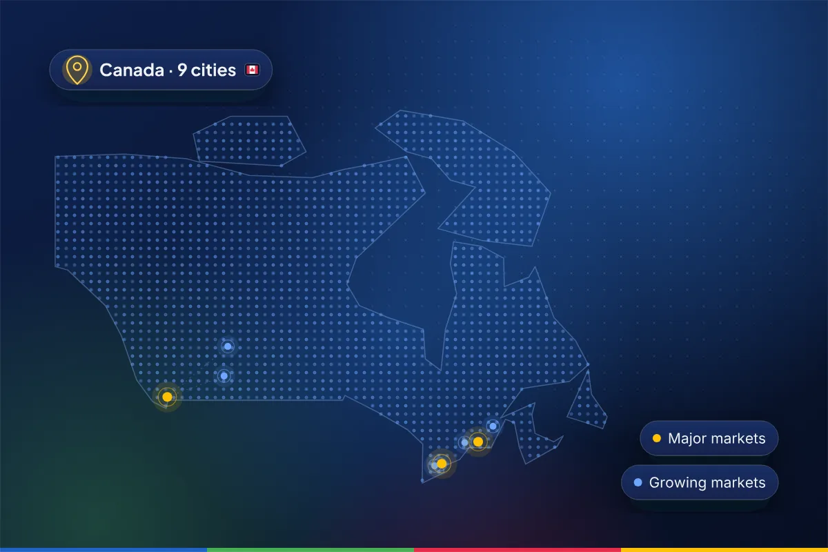 Minimal dotted map illustration of Canada with pins on the 9 cities Gracia Digital serves