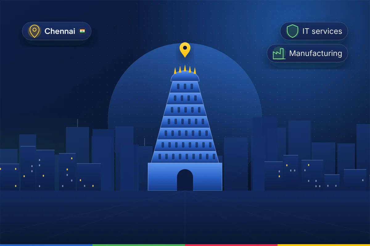 Minimal illustration of a Chennai skyline with a stepped temple gopuram tower, representing B2B SEO in Chennai