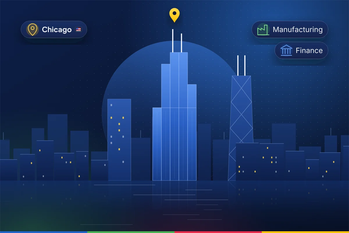 Minimal illustration of the Chicago skyline with the Willis Tower and its twin antennas, representing B2B SEO in Chicago
