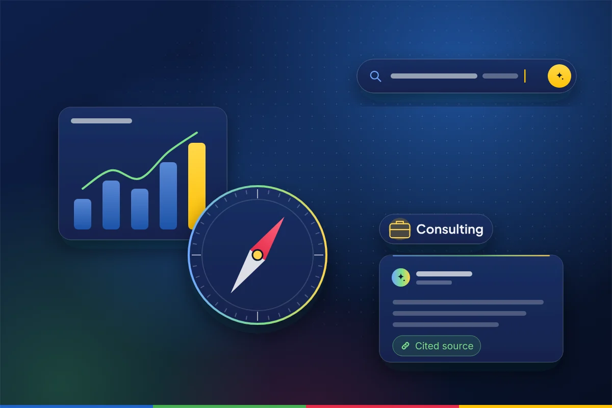 Minimal illustration of a growth chart and a strategy compass, with a search bar and an AI answer card with a cited source, representing SEO, AEO and GEO for consulting and professional services