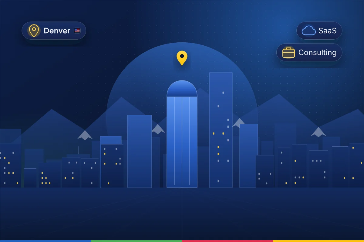 Minimal illustration of the Denver skyline in front of the Rocky Mountains, representing B2B SEO in Denver