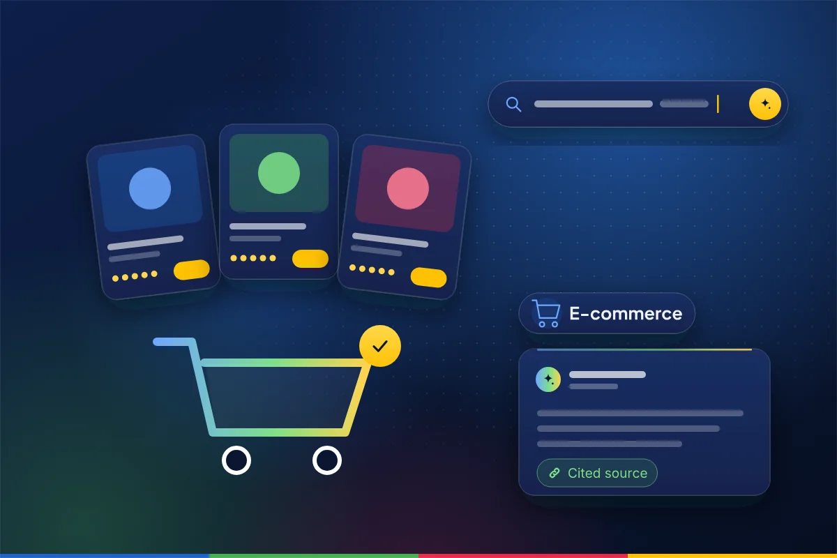 Minimal illustration of product cards above a shopping cart, with a search bar and an AI answer card with a cited source, representing SEO, AEO and GEO for e-commerce and D2C brands