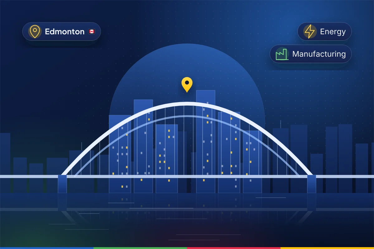 Minimal illustration of the Edmonton skyline behind the arch of the Walterdale Bridge, representing B2B SEO in Edmonton