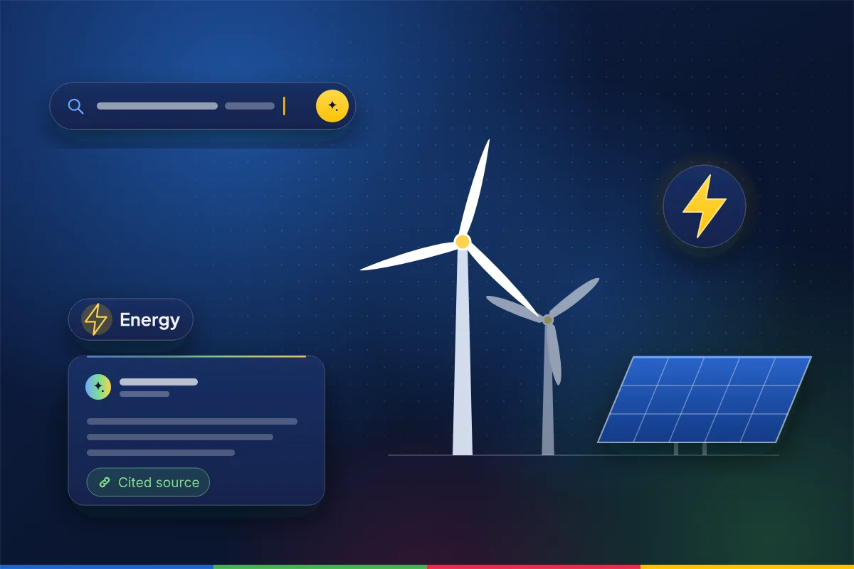 Minimal illustration of a wind turbine, a solar panel and a lightning bolt, with a search bar and an AI answer card with a cited source, representing SEO, AEO and GEO for energy and engineering
