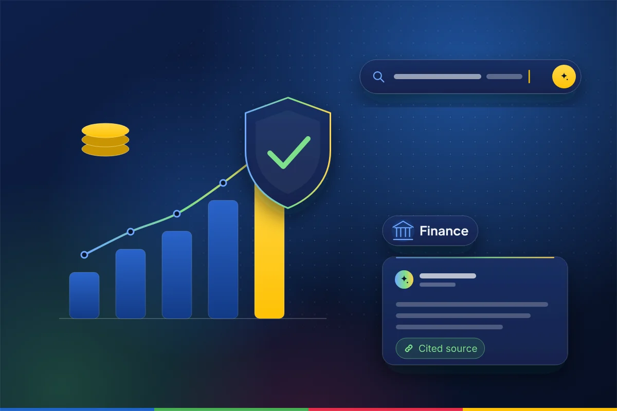 Minimal illustration of rising bar charts, a trend line, coins and a security shield, with a search bar and an AI answer card with a cited source, representing SEO, AEO and GEO for financial services and insurance