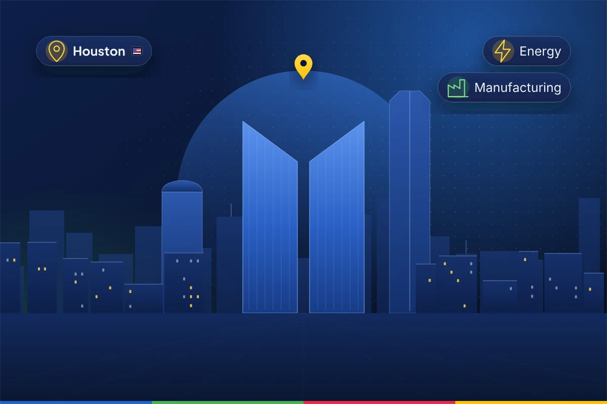 Minimal illustration of the Houston skyline with the slanted Pennzoil Place towers, representing B2B SEO in Houston