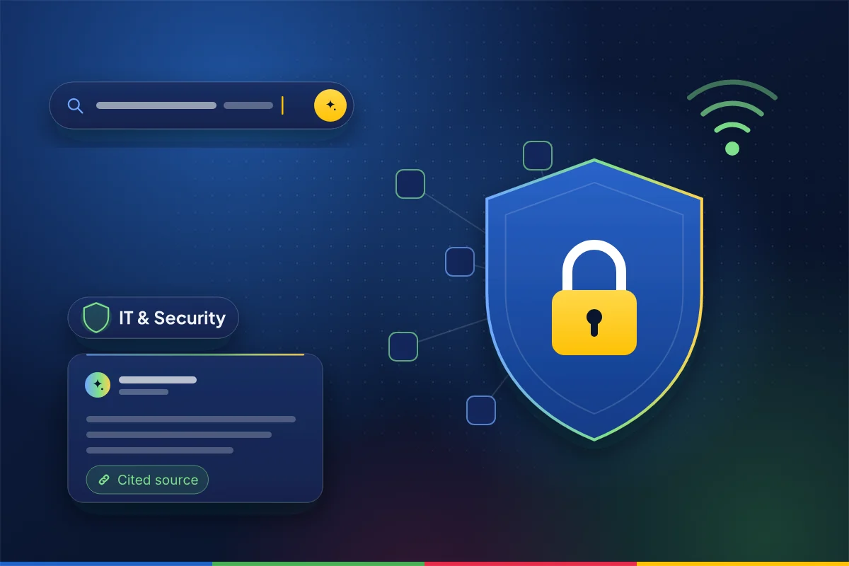Minimal illustration of a shield with a padlock, connected network nodes and signal waves, with a search bar and an AI answer card with a cited source, representing SEO, AEO and GEO for IT services, cybersecurity and telecom
