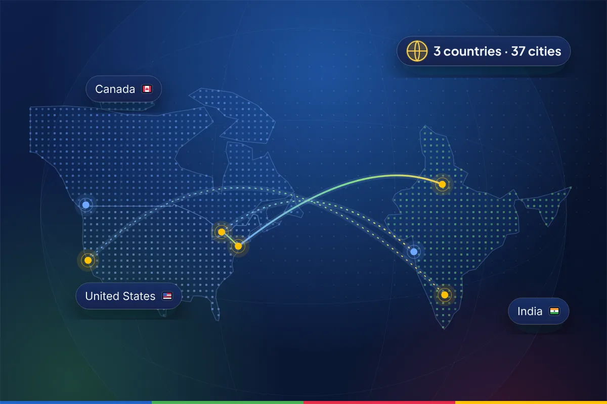 Minimal map illustration of the United States, Canada and India connected by arcs, representing the B2B markets Gracia Digital serves