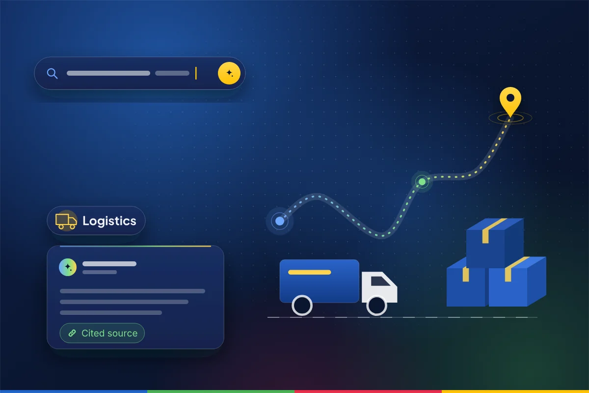 Minimal illustration of a delivery route with map pins, a truck and stacked boxes, with a search bar and an AI answer card with a cited source, representing SEO, AEO and GEO for logistics and supply chain