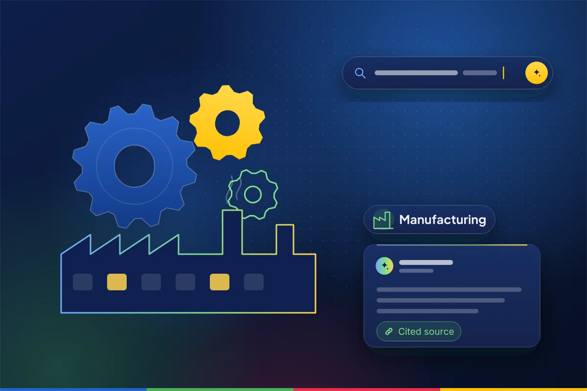 Minimal illustration of interlocking gears above a factory outline, with a search bar and an AI answer card with a cited source, representing SEO, AEO and GEO for manufacturing and industrial companies