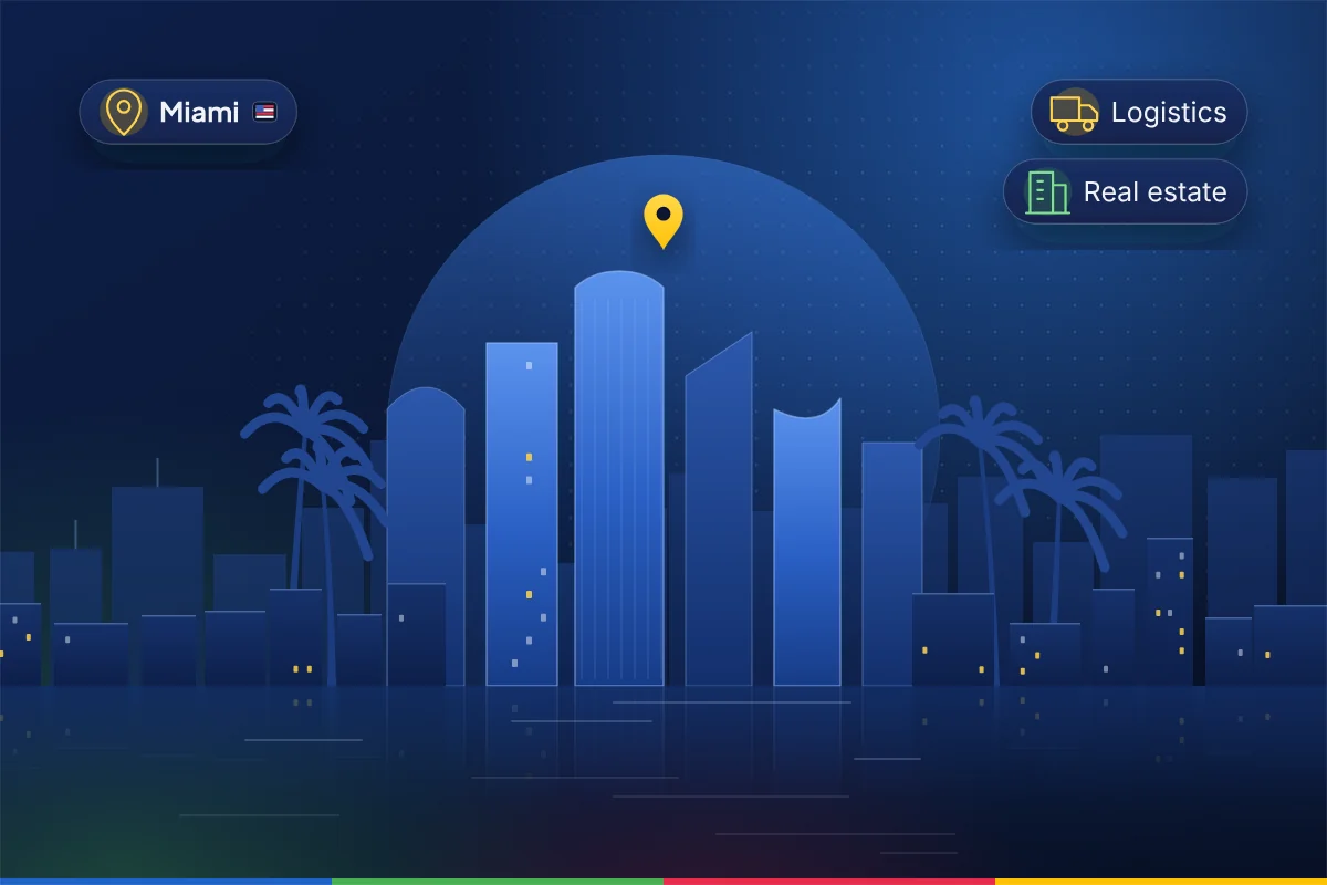 Minimal illustration of the Miami waterfront skyline with palm trees, representing B2B SEO in Miami