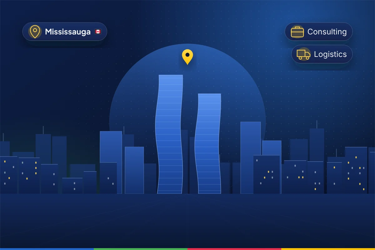 Minimal illustration of the Mississauga City Centre skyline with its curved twin towers, representing B2B SEO in Mississauga