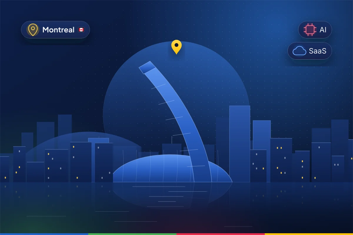 Minimal illustration of the Montreal skyline with the inclined Olympic Stadium tower, representing B2B SEO in Montreal