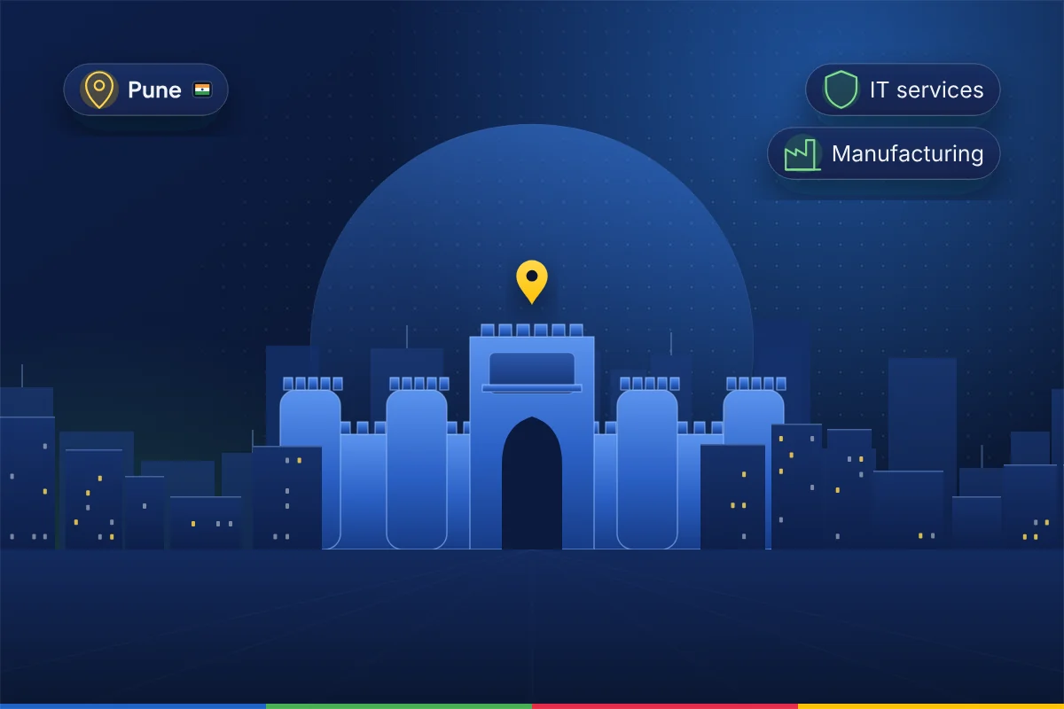 Minimal illustration of the Shaniwar Wada fort gateway in Pune with a modern skyline, representing B2B SEO in Pune