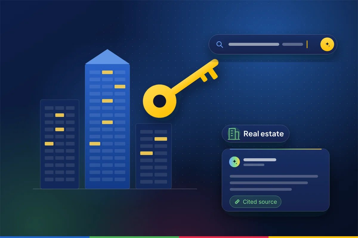 Minimal illustration of building blocks with lit windows and a key, with a search bar and an AI answer card with a cited source, representing SEO, AEO and GEO for real estate
