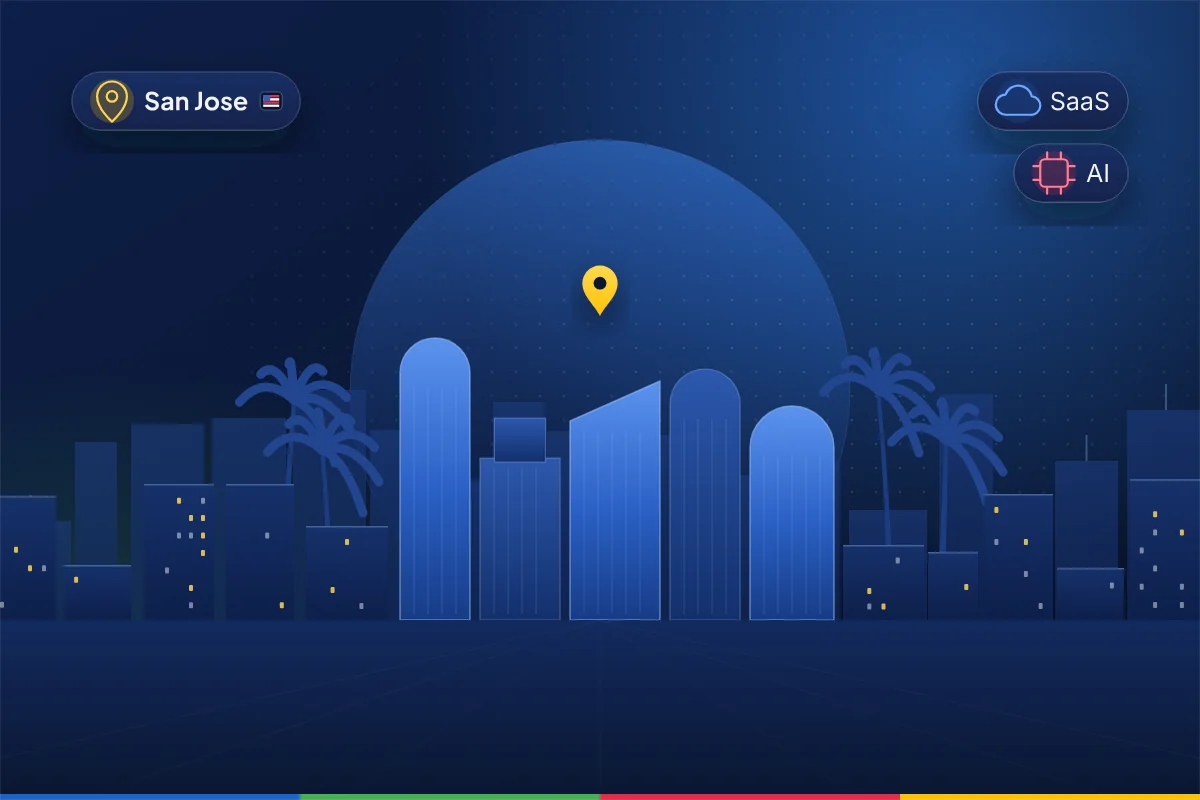Minimal illustration of a modern Silicon Valley skyline for San Jose with palm trees, representing B2B SEO in San Jose