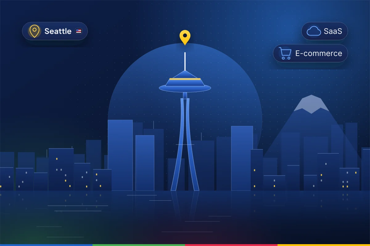 Minimal illustration of the Seattle skyline with the Space Needle and Mount Rainier, representing B2B SEO in Seattle