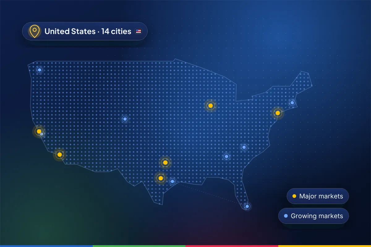 Minimal dotted map illustration of the United States with pins on the 14 cities Gracia Digital serves