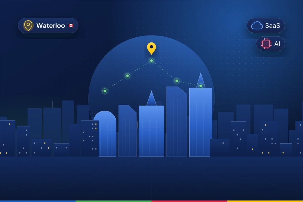 Minimal illustration of a modern tech-corridor skyline for Waterloo, representing B2B SEO in Waterloo